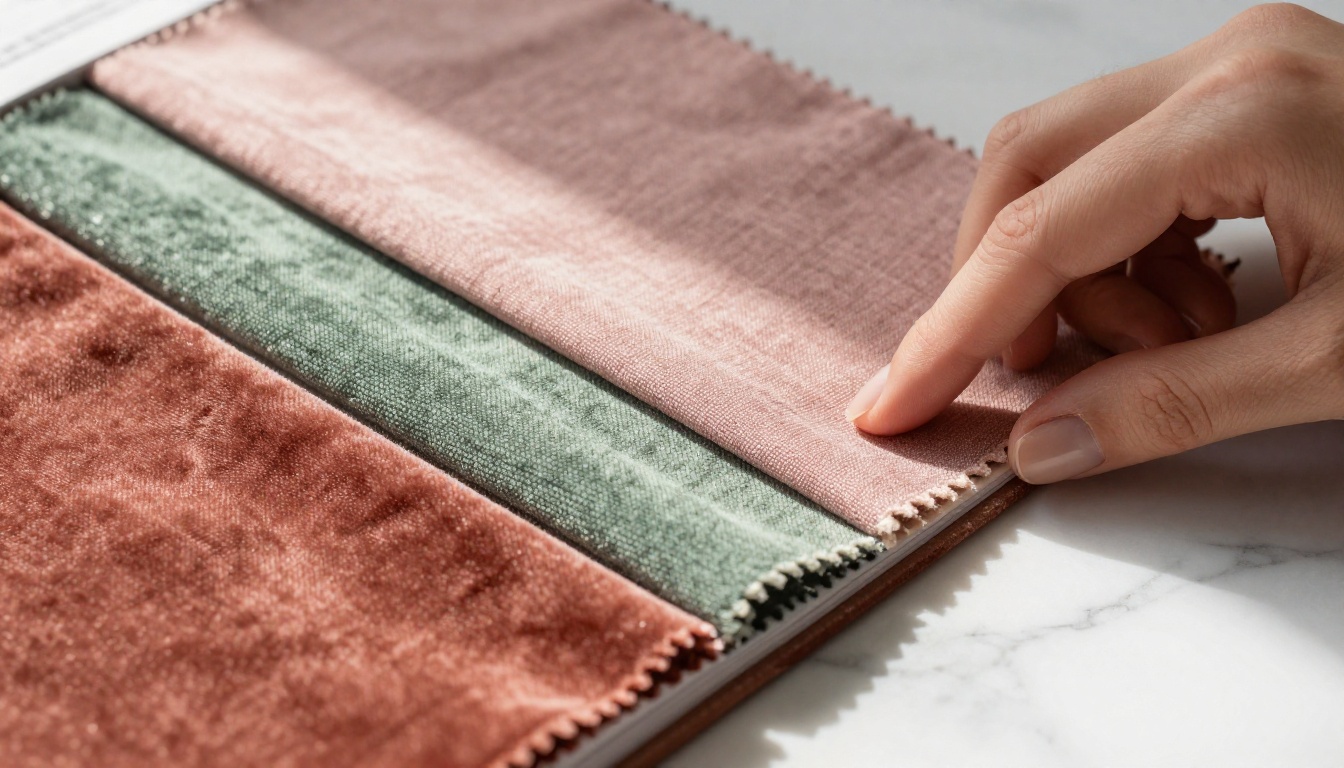 Close-up macro of designer fabric swatches in terracotta, sage, and dusty rose on marble Close-up macro of designer fabric swatches in terracotta, sage, and dusty rose on marble