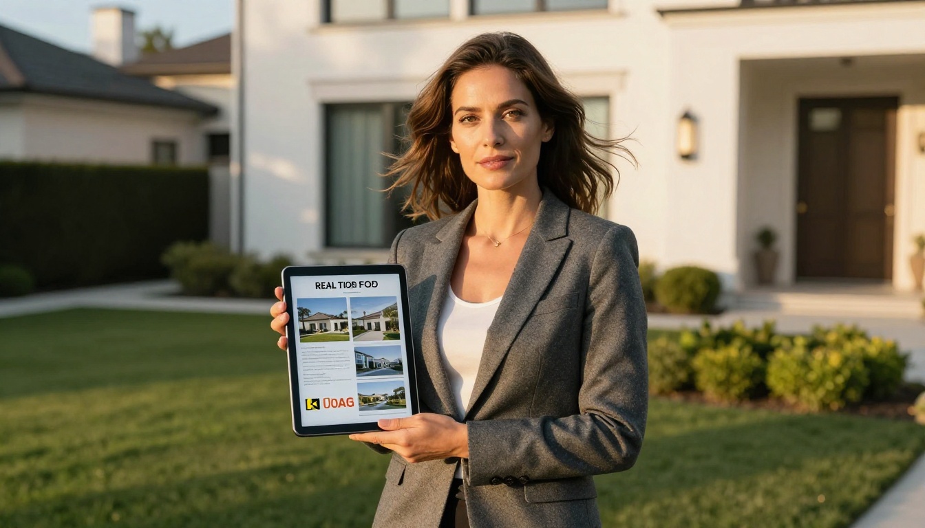 Real estate agent in a gray blazer holding a tablet with a branded property flipbook in front of a luxury home Real estate agent in a gray blazer holding a tablet with a branded property flipbook in front of a luxury home