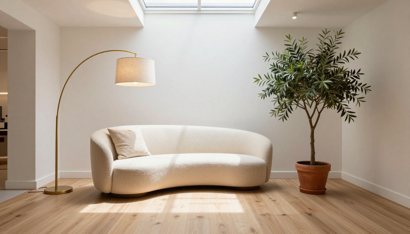 Low-angle view inside a stylish home décor showroom with bouclé armchair and brass floor lamp Low-angle view inside a stylish home décor showroom with bouclé armchair and brass floor lamp
