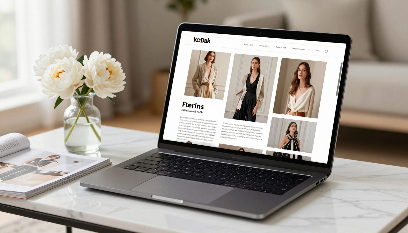 Fashion catalog flipbook displayed on a matte black laptop beside a glossy fashion magazine and fresh white peonies Fashion catalog flipbook displayed on a matte black laptop beside a glossy fashion magazine and fresh white peonies