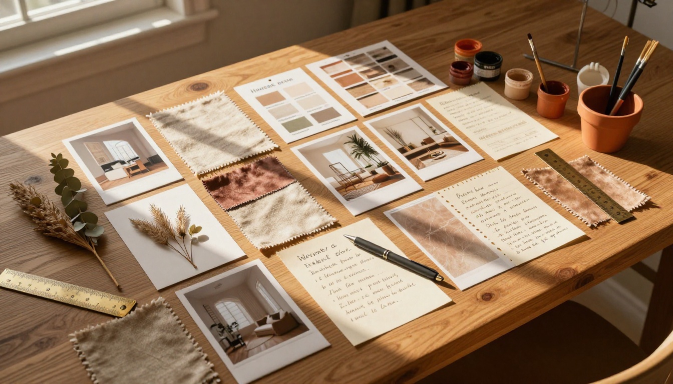 Aerial flat lay of a home décor designer's mood board with fabric swatches and botanical samples Aerial flat lay of a home décor designer's mood board with fabric swatches and botanical samples