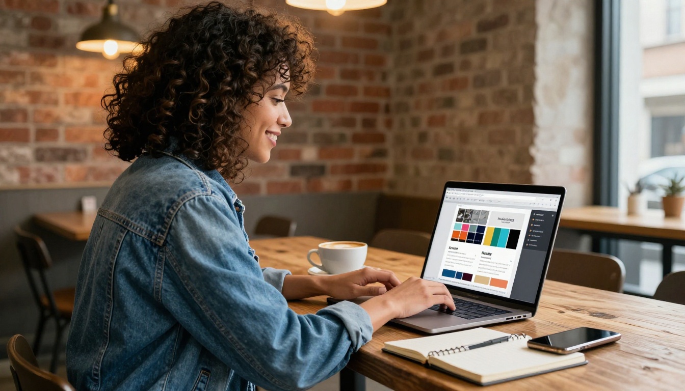 Small business owner with curly hair in a denim jacket creating a branded brochure flipbook on a MacBook in a cozy cafe Small business owner with curly hair in a denim jacket creating a branded brochure flipbook on a MacBook in a cozy cafe