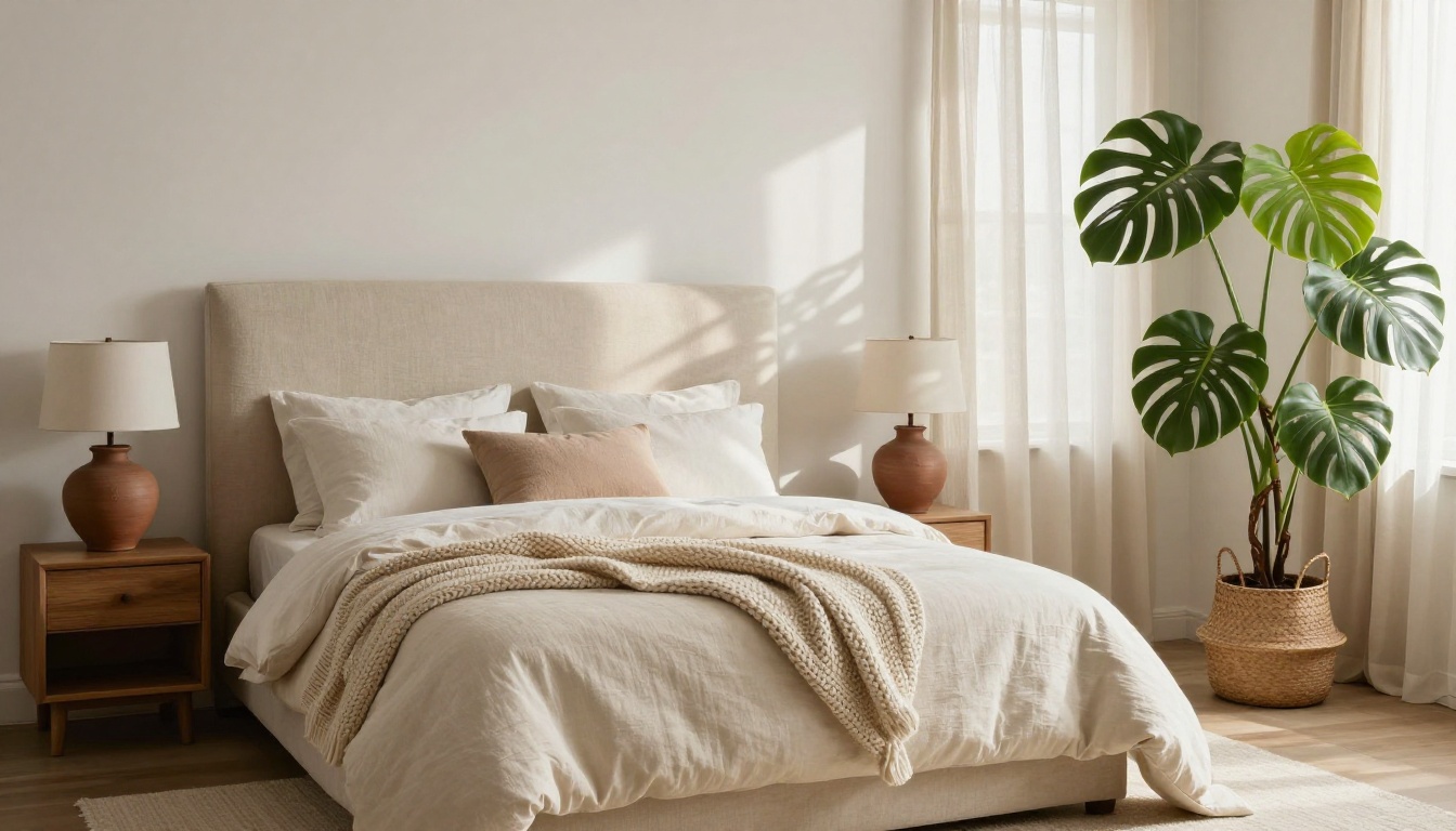 Master bedroom vignette with linen headboard, chunky knit throw, and terracotta ceramic lamps Master bedroom vignette with linen headboard, chunky knit throw, and terracotta ceramic lamps