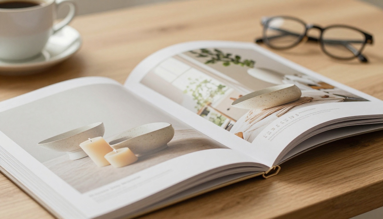 Open home décor catalog pages on a light oak desk with coffee and reading glasses in soft focus Open home décor catalog pages on a light oak desk with coffee and reading glasses in soft focus