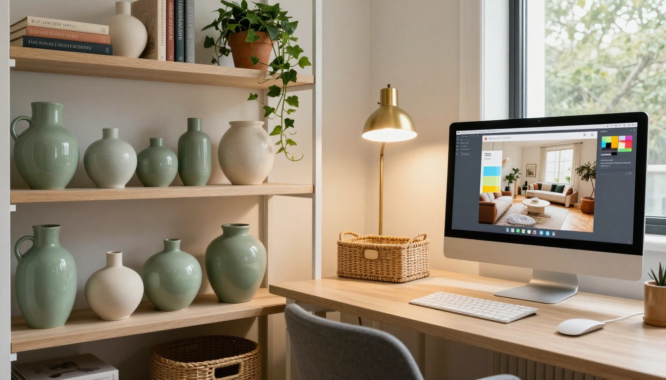 Modern home décor brand creative workspace with open shelving, ceramics, and digital lookbook on monitor Modern home décor brand creative workspace with open shelving, ceramics, and digital lookbook on monitor