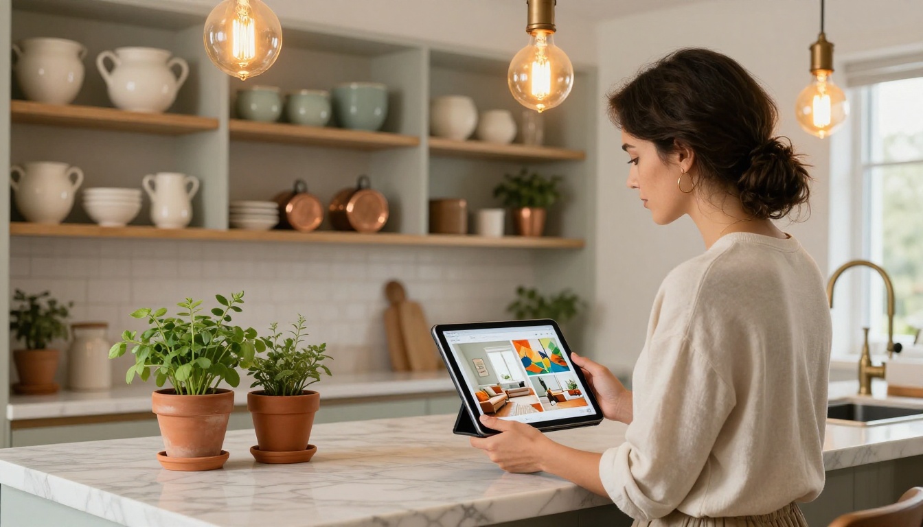 A woman in a beautifully lit kitchen holding a tablet displaying a digital home décor lookbook A woman in a beautifully lit kitchen holding a tablet displaying a digital home décor lookbook