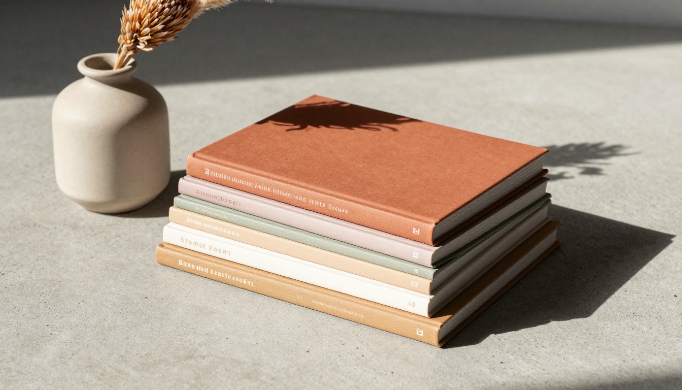 Five stacked home décor brand lookbooks on concrete with a dried protea flower and pampas beside them Five stacked home décor brand lookbooks on concrete with a dried protea flower and pampas beside them