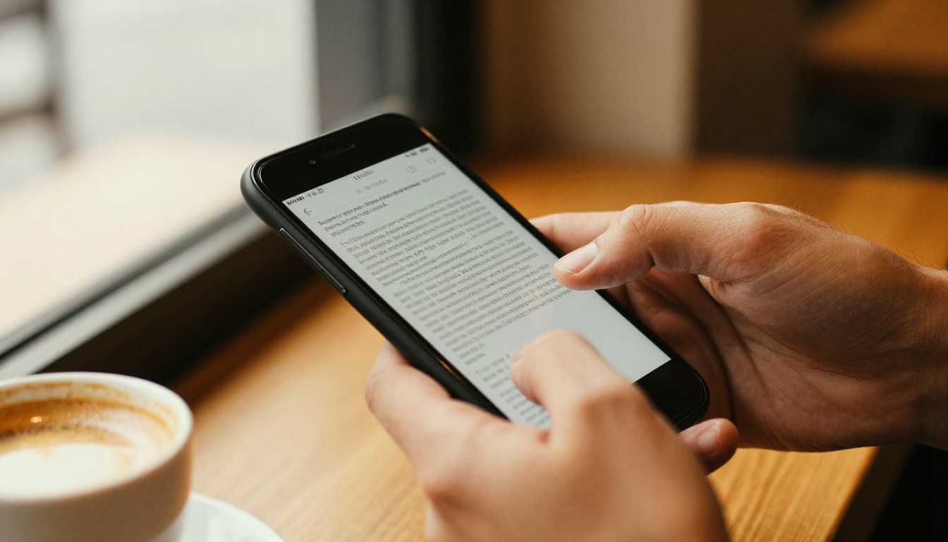 Close-up of hands struggling to pinch-zoom a tiny unreadable PDF on a smartphone