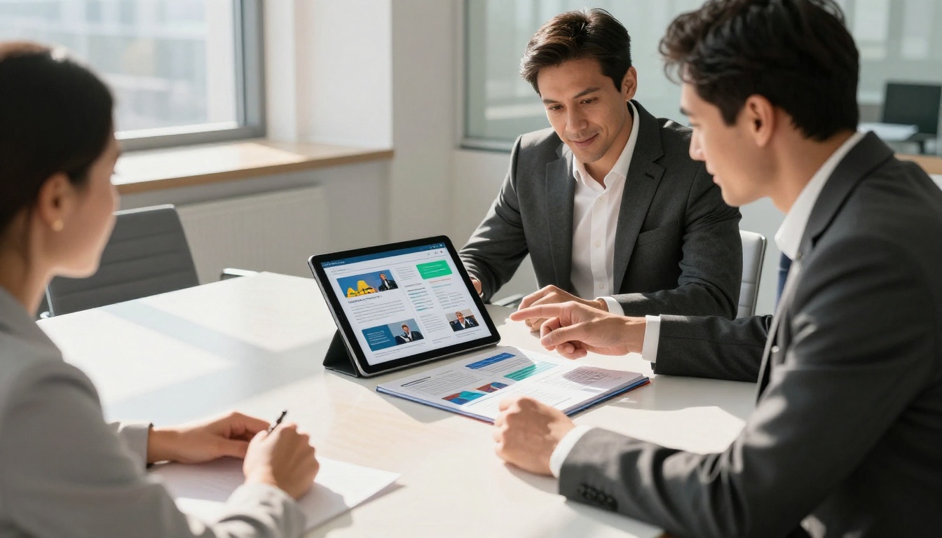 Sales professional presenting an interactive digital brochure on a tablet to engaged clients