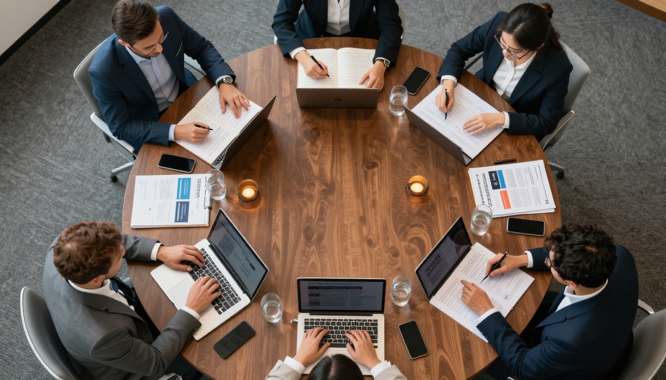 Marketing team gathered around a conference table reviewing brochure materials and analytics