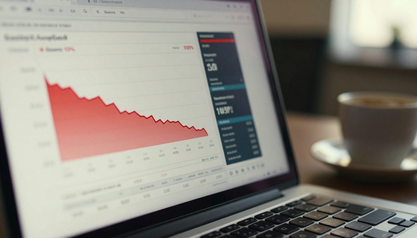 Analytics dashboard on a laptop showing declining PDF brochure performance metrics