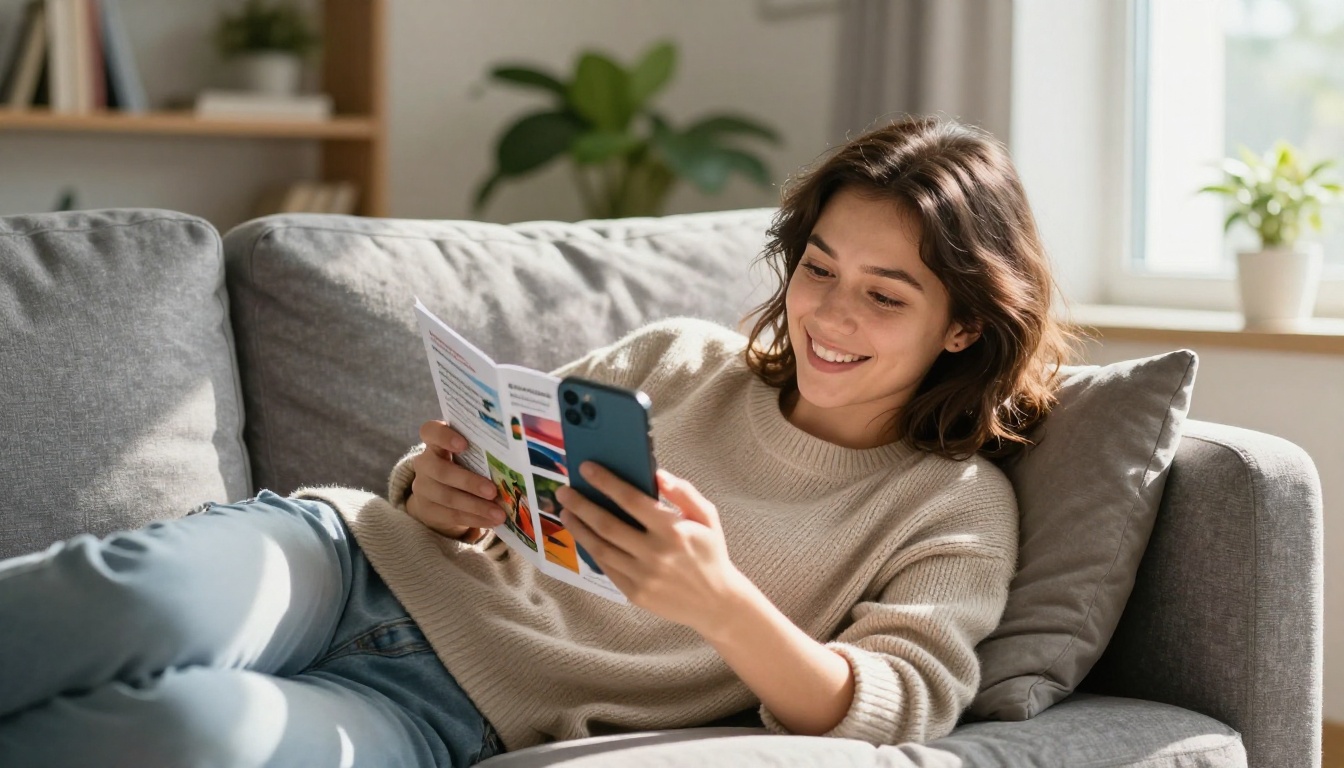 Woman relaxed on her sofa happily browsing an interactive digital brochure on her smartphone