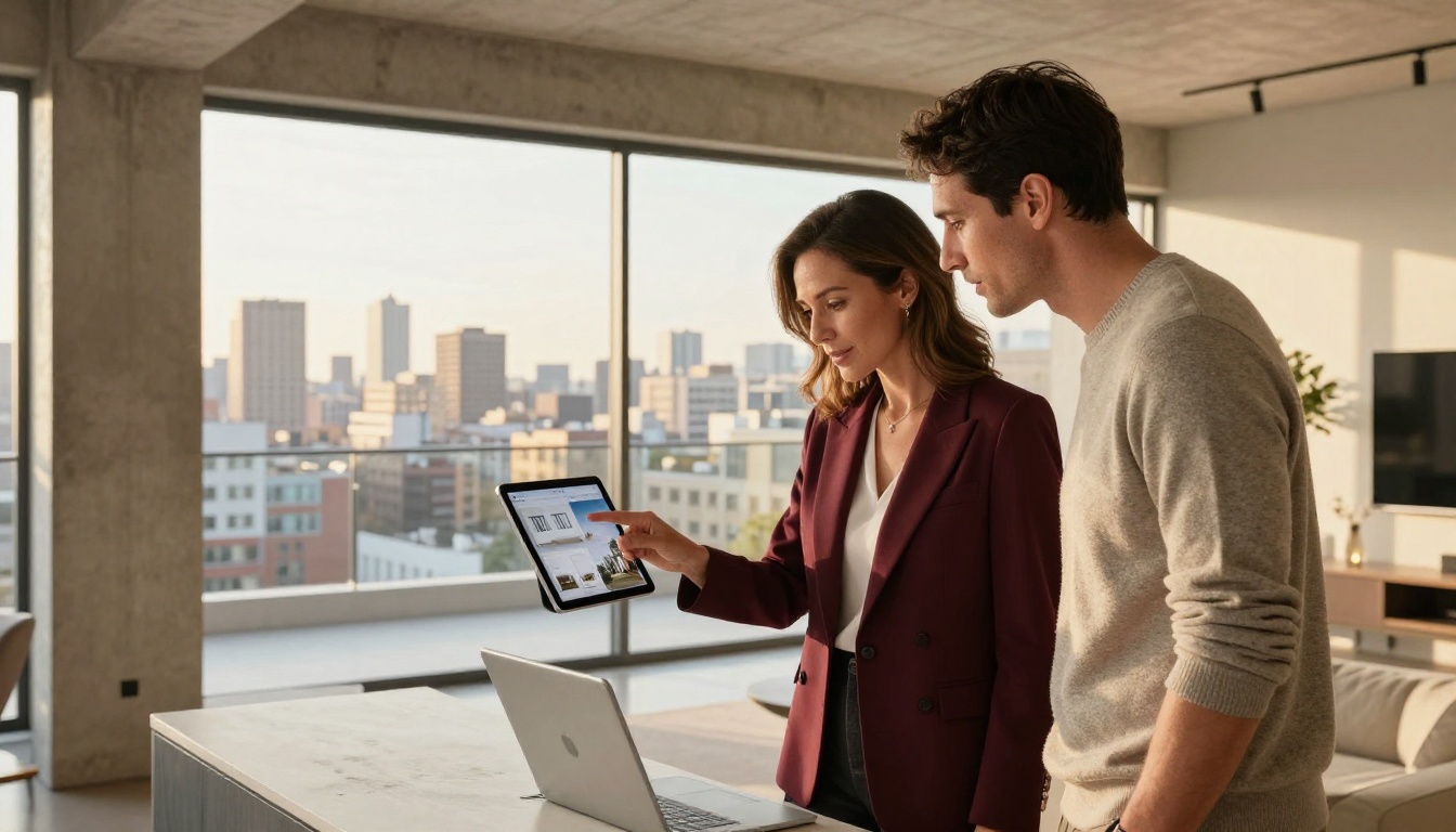 Real estate agent showing a beautiful property digital brochure on an iPad to a potential homebuyer