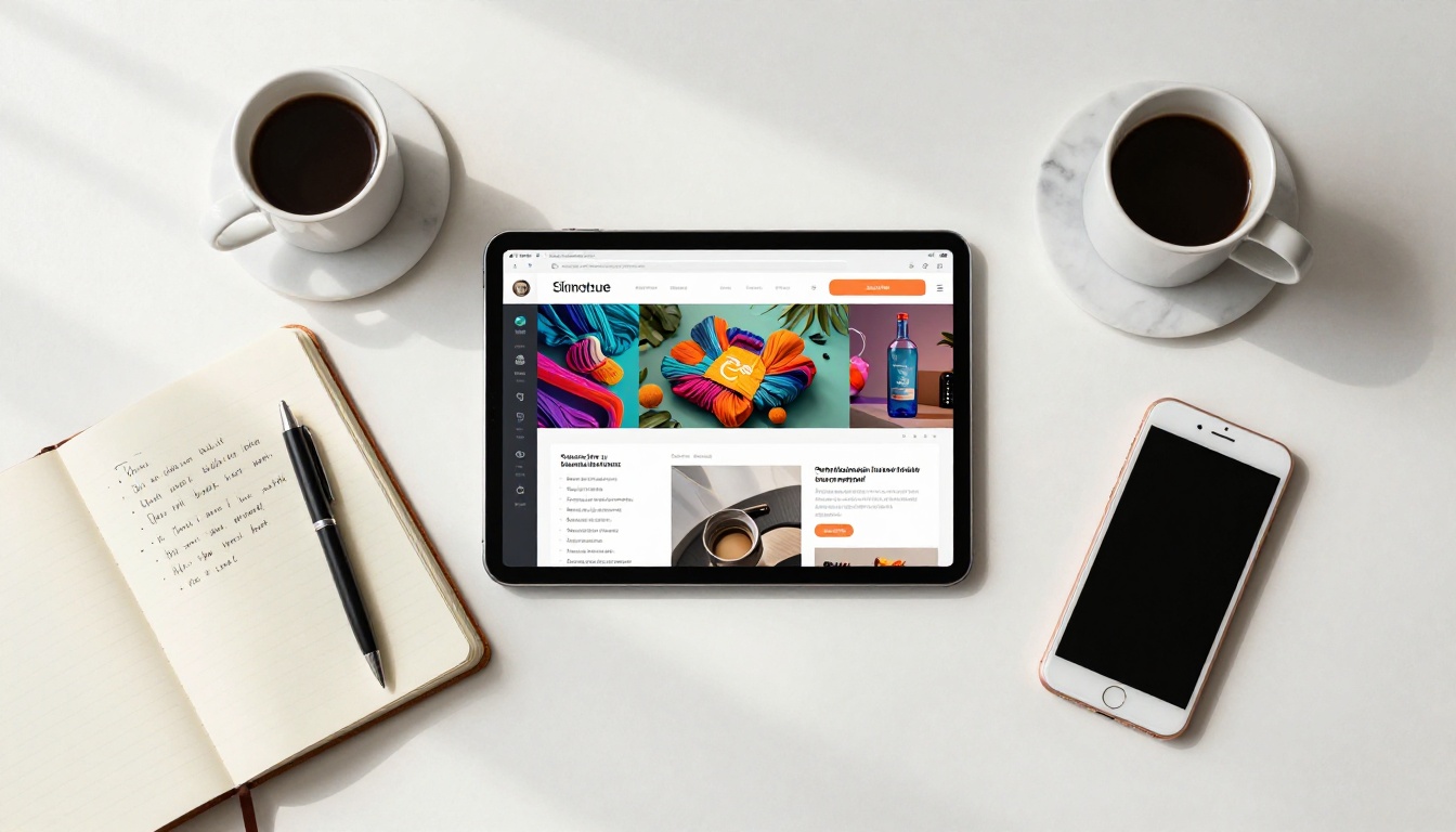 Overhead flat-lay desk workspace with tablet displaying a vibrant interactive digital brochure surrounded by notebook and coffee
