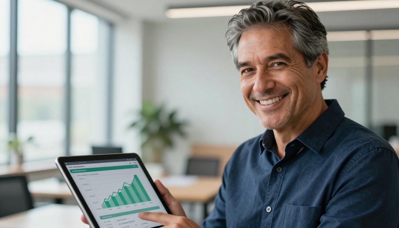 Satisfied business owner holding a tablet showing upward-trending analytics after switching from PDF to interactive digital brochures