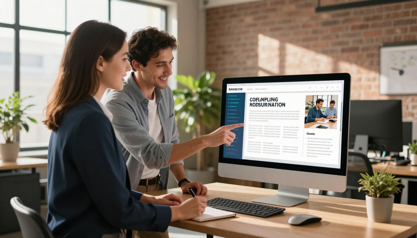 Two marketing professionals at a standing desk reviewing and discussing a vibrant interactive digital flipbook on a large monitor