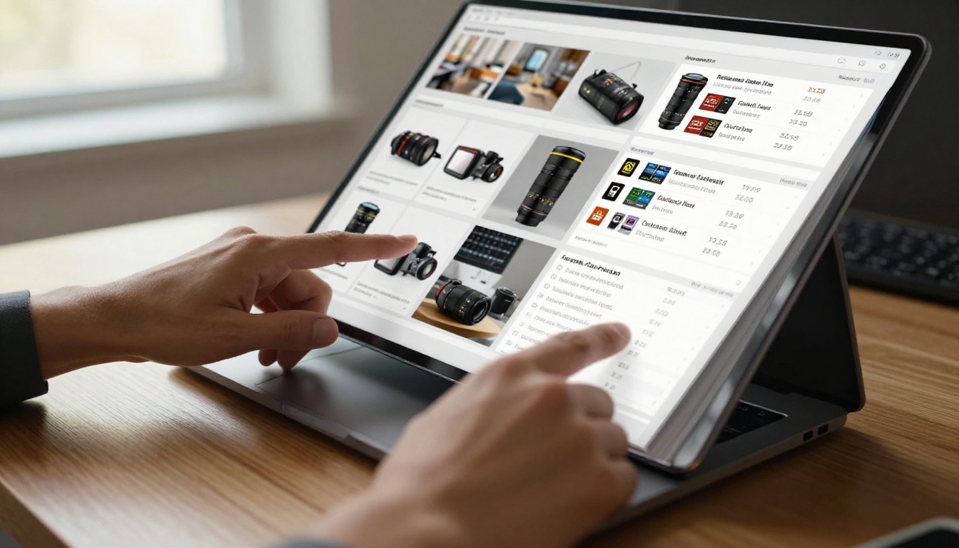 Wholesale buyer browsing digital catalog on laptop in modern office