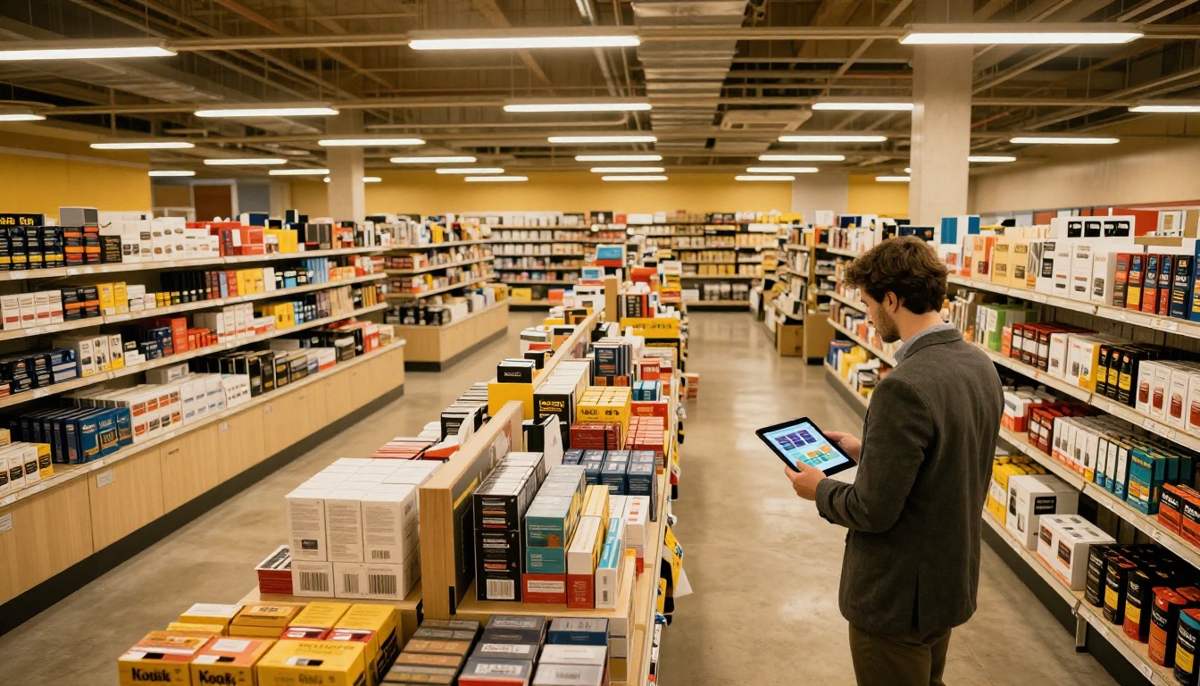 Aerial view of wholesale showroom with buyer reviewing digital catalog on tablet