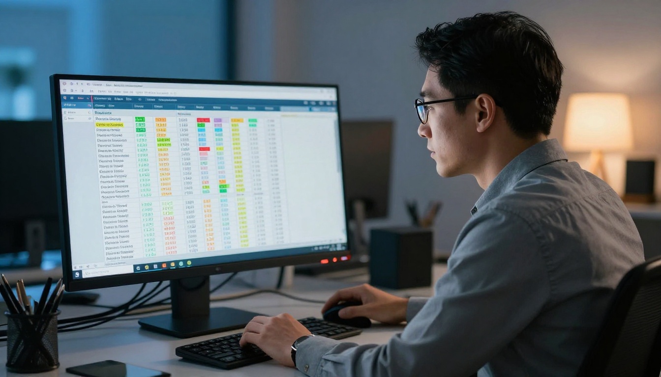 Professional reviewing wholesale pricing tables on monitor in corporate office