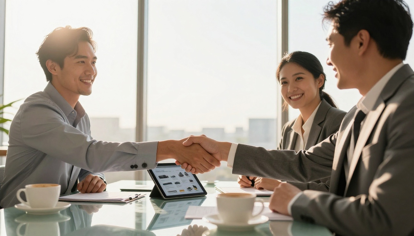 Two business professionals closing a wholesale deal with digital catalog on conference table