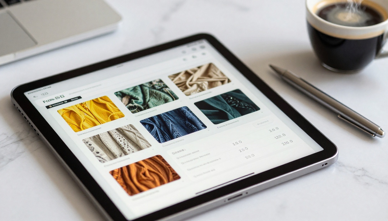 Close-up of tablet showing beautifully designed interactive product catalog on marble desk