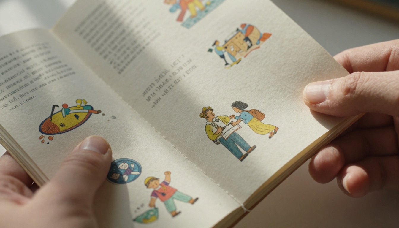 Hands holding open handmade zine with illustrated pages, soft natural light, ink-stained fingertips, paper texture visible