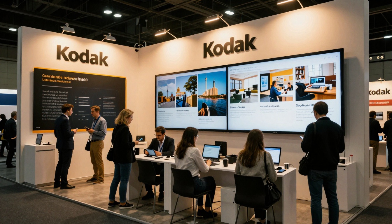 Trade show wholesale booth with interactive digital flip catalogs on display screens