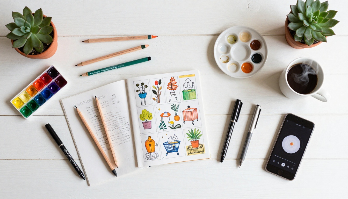 Aerial flat-lay of creative workspace with open zines, colored pencils, watercolor palette, and smartphone showing flipbook interface