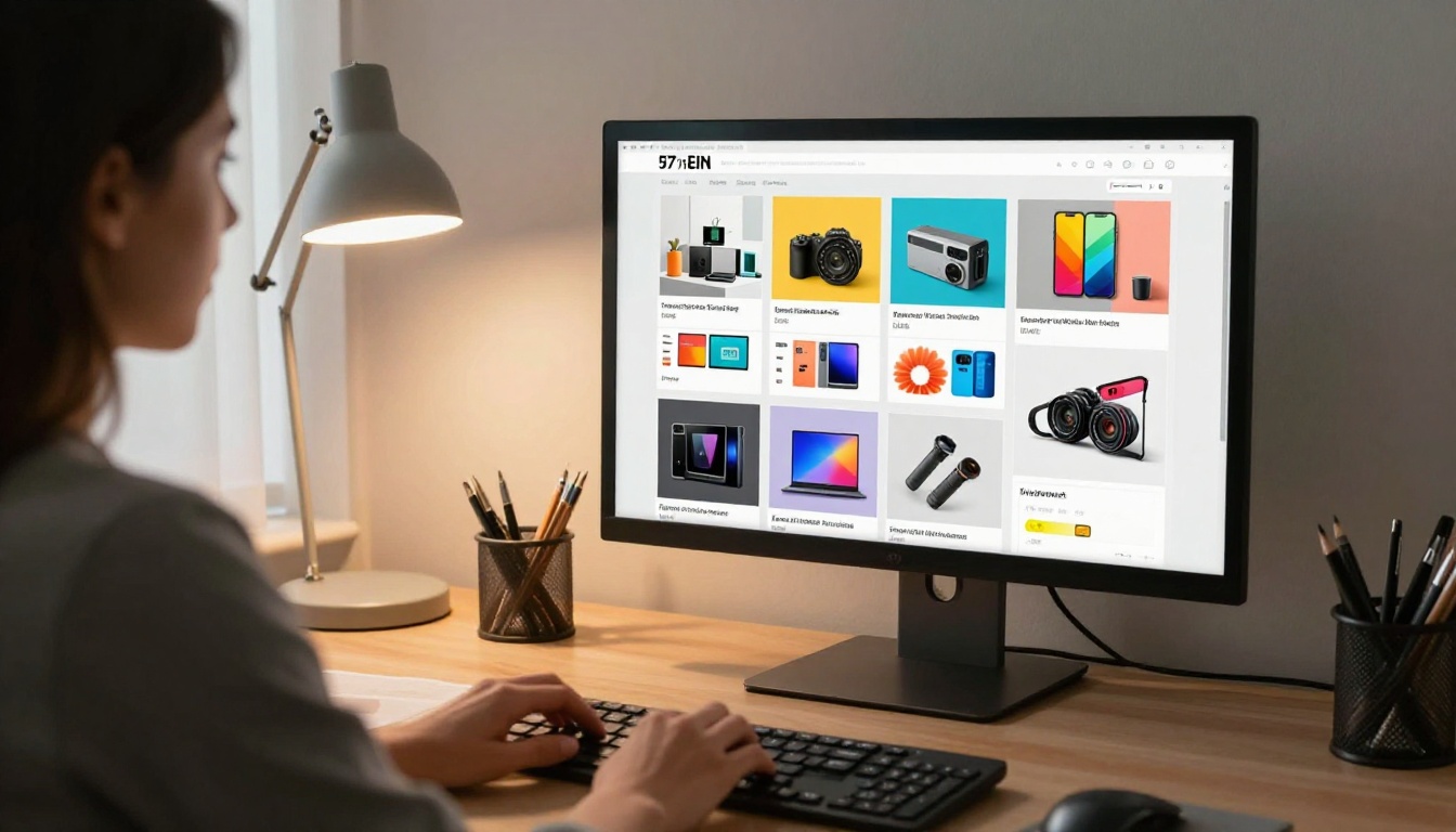 Businesswoman designing digital product catalog on large monitor at workstation