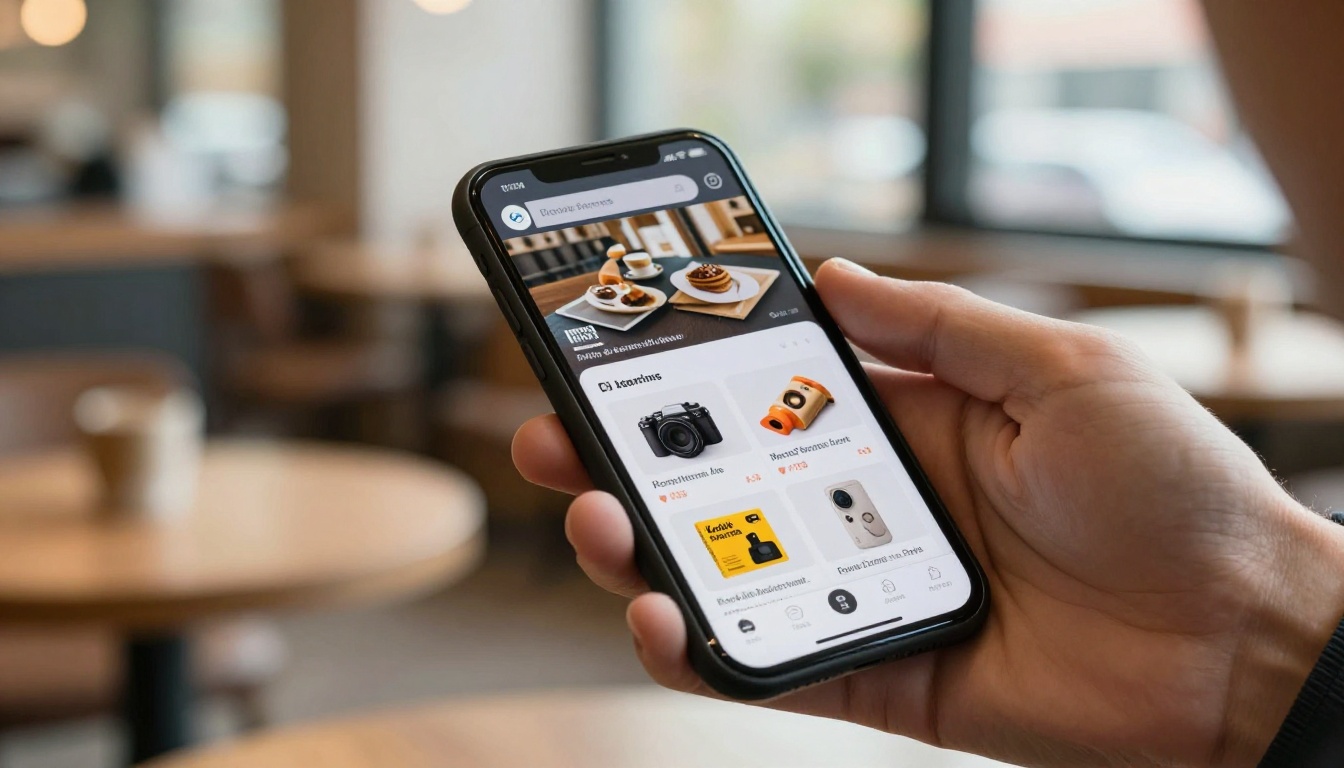 Mobile-responsive digital product catalog being scrolled on smartphone in coffee shop