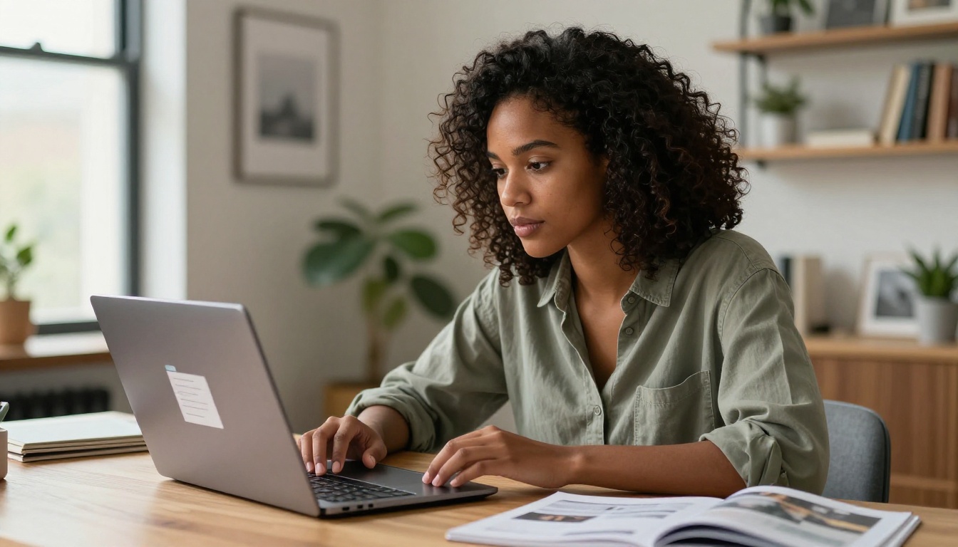 Woman uploading PDF to digital flipbook platform on laptop, natural daylight, focused expression, home office background