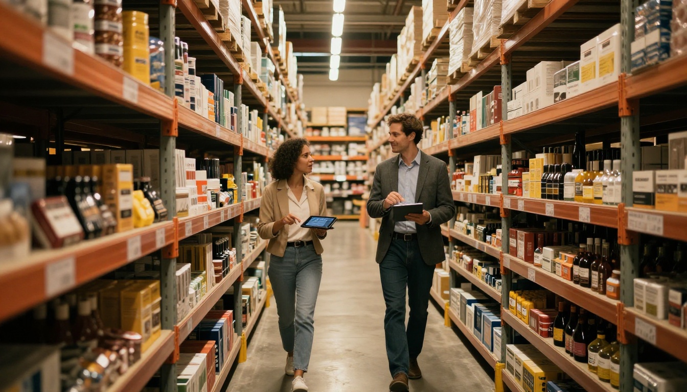 Wholesale buyer reviewing digital catalog on tablet while walking through warehouse aisle