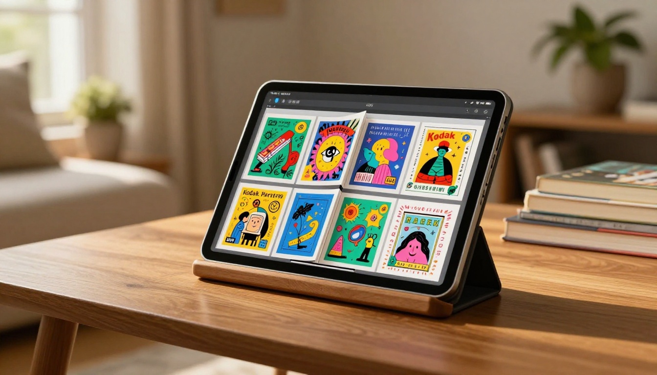 iPad Pro on wooden stand displaying vibrant digital flipbook with mid-page-turn animation, cozy reading nook background