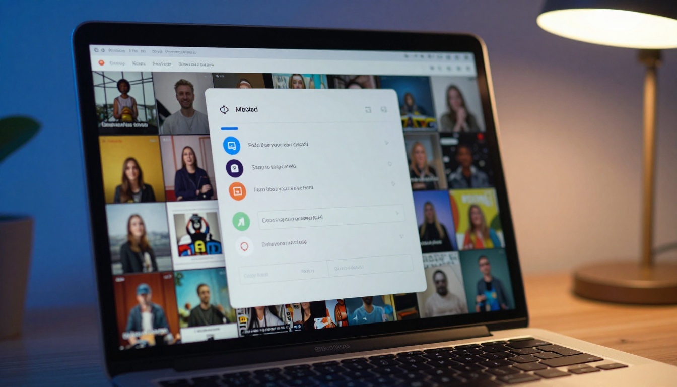 MacBook screen showing digital flipbook sharing and embed options panel, dual ambient lighting, keyboard in foreground blur