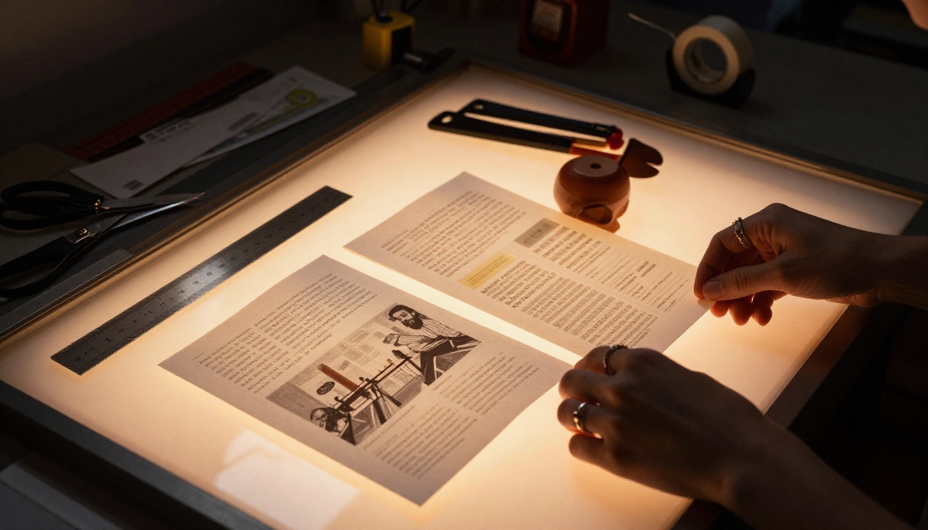 Printed zine pages arranged on backlit light table with warm orange glow, hands with rings organizing layouts, high contrast studio lighting