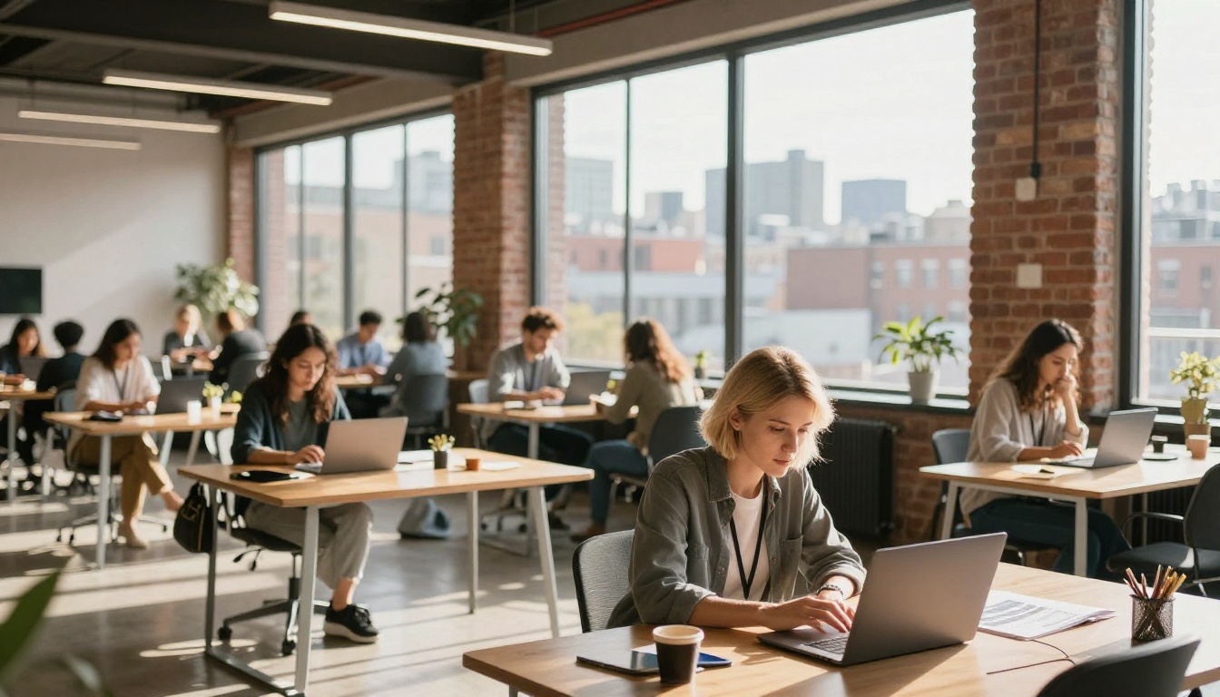 Wide shot of modern co-working space with exposed brick walls and tall windows, creatives at desks browsing digital content on laptops and tablets
