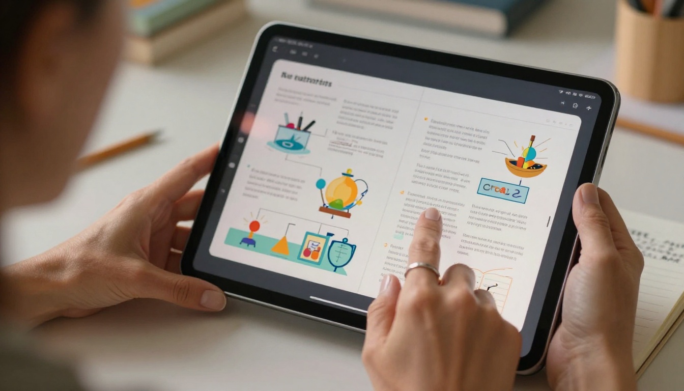 Teacher holding tablet with interactive digital flipbook showing science diagrams Teacher holding tablet with interactive digital flipbook showing science diagrams