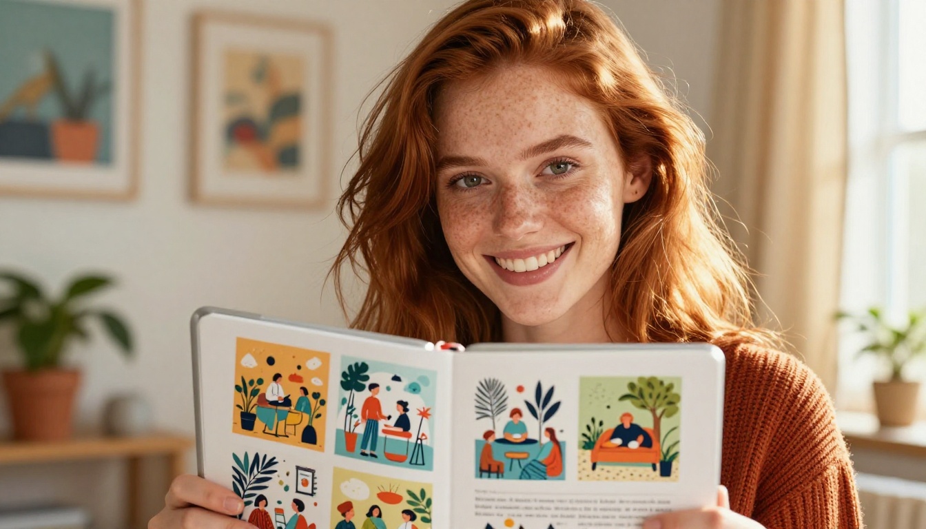 Woman with auburn hair and freckles smiling while holding iPad displaying colorful digital zine flipbook, warm golden window light
