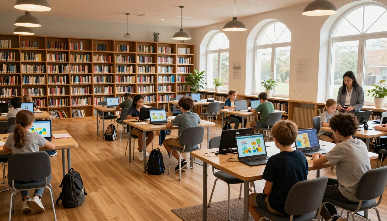 School library with students of different ages accessing digital flipbook content on tablets and laptops School library with students of different ages accessing digital flipbook content on tablets and laptops