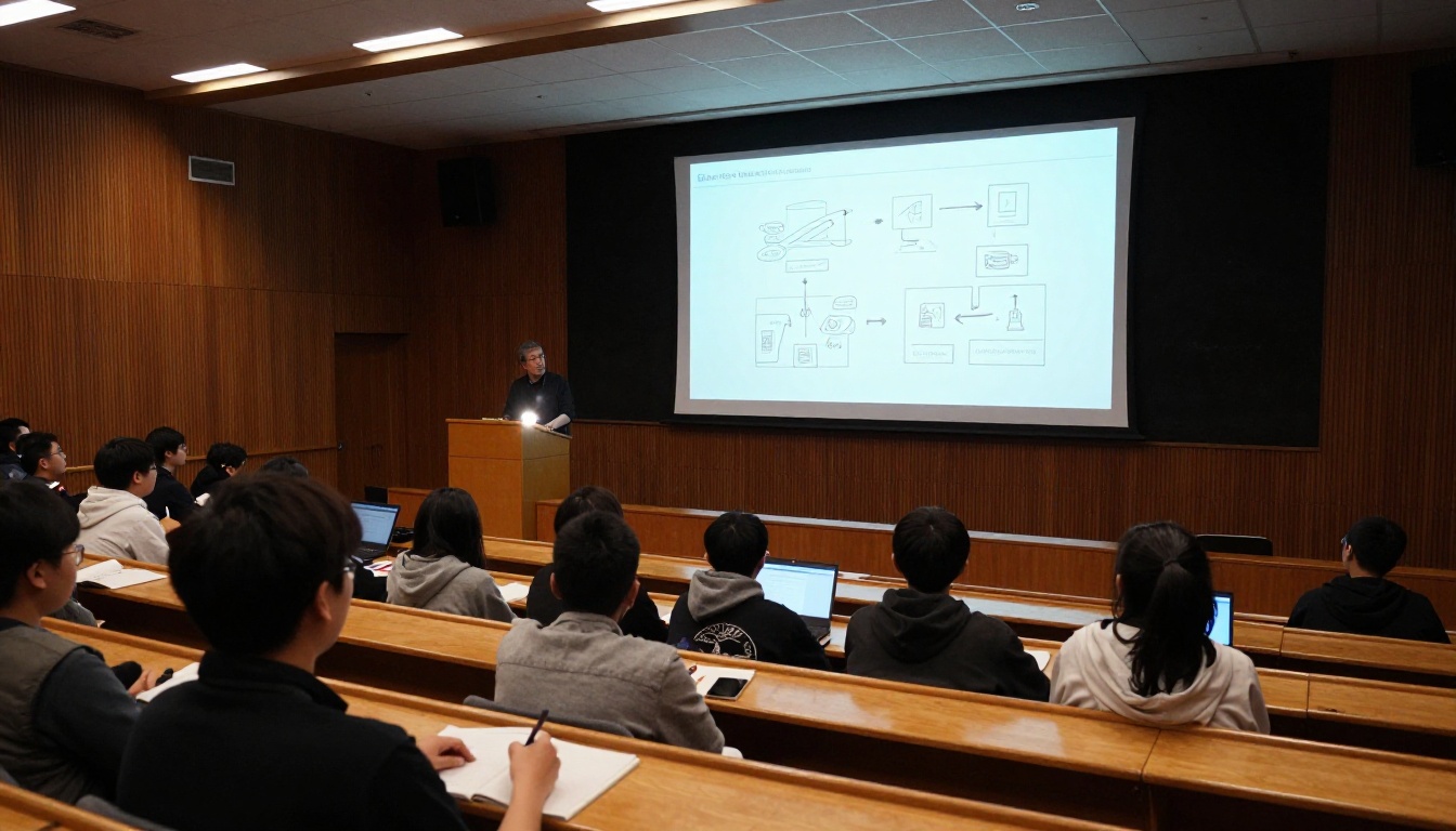 University lecture hall with professor at podium presenting a large digital flipbook on projection screen University lecture hall with professor at podium presenting a large digital flipbook on projection screen