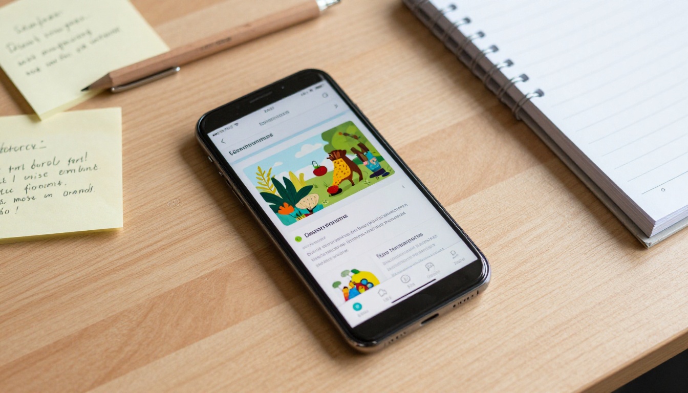 Smartphone lying on wooden desk displaying a mobile-responsive educational flipbook with biology diagrams Smartphone lying on wooden desk displaying a mobile-responsive educational flipbook with biology diagrams