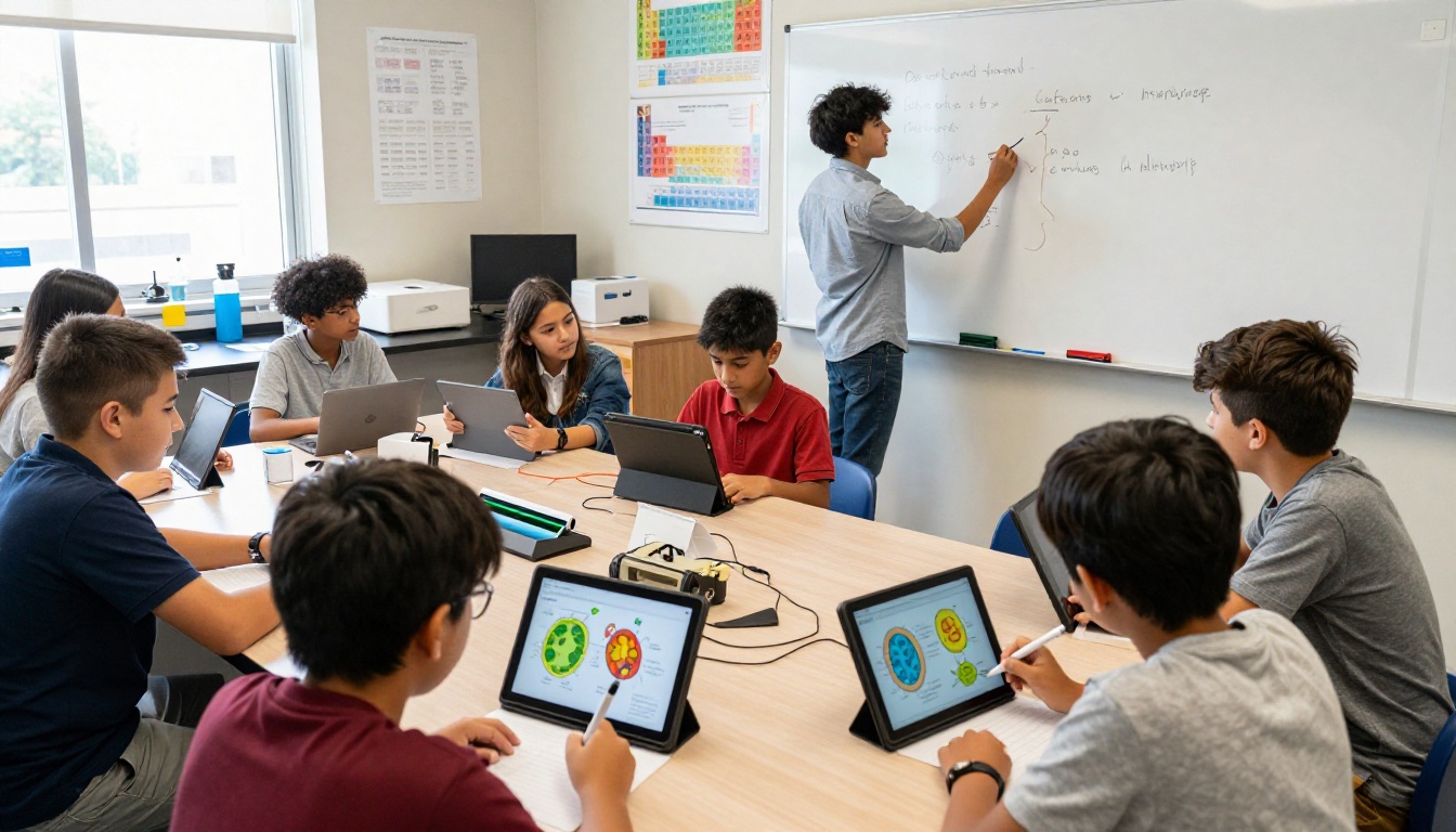 Middle school students using tablets with interactive biology flipbooks during a science lesson Middle school students using tablets with interactive biology flipbooks during a science lesson