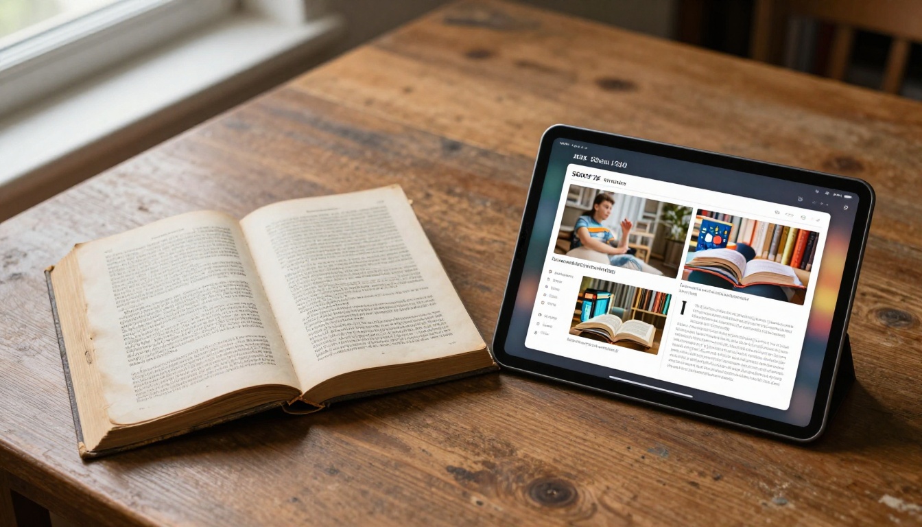 Traditional printed textbook beside a modern tablet displaying a vibrant digital flipbook with page-turn animation Traditional printed textbook beside a modern tablet displaying a vibrant digital flipbook with page-turn animation