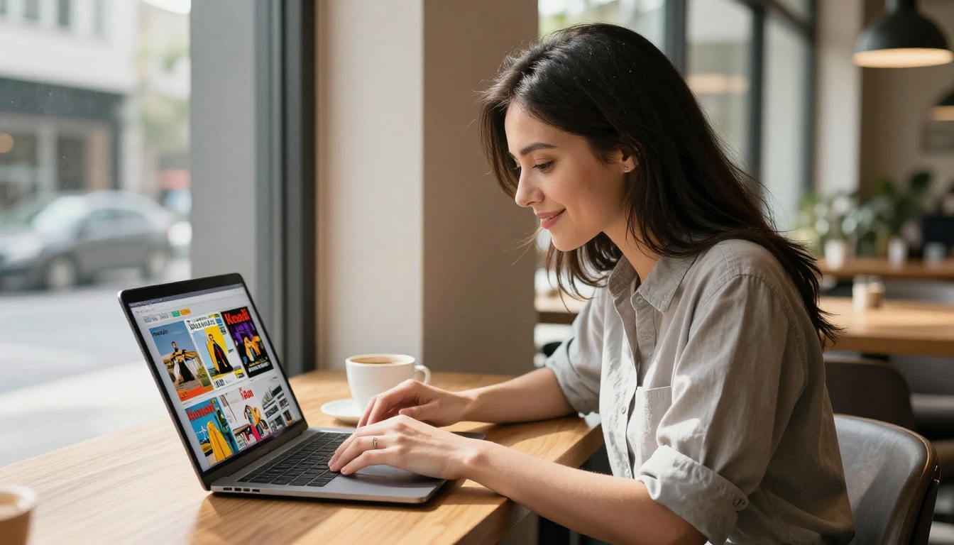 Woman browsing a digital flipbook on her laptop in a sunlit café
