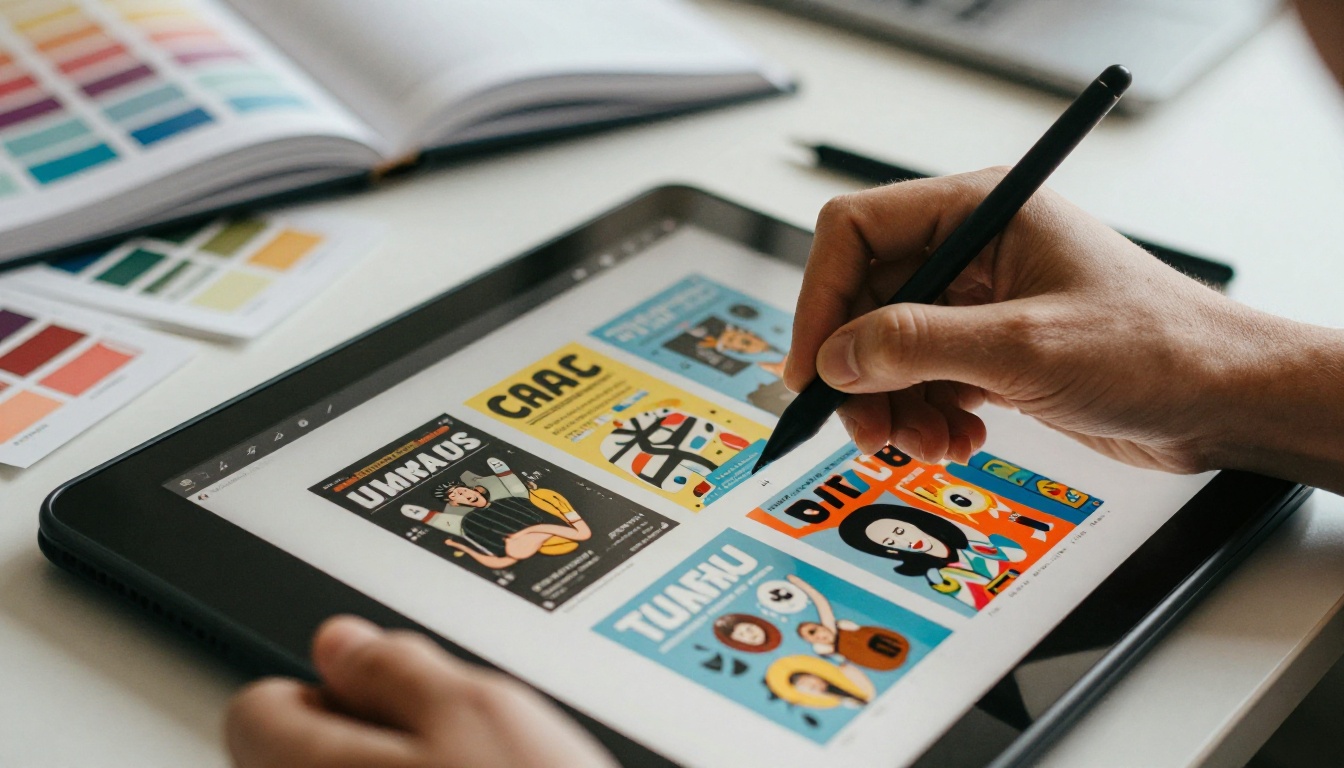 Designer's hands with a stylus carefully adjusting a colorful flipbook spread on a tablet
