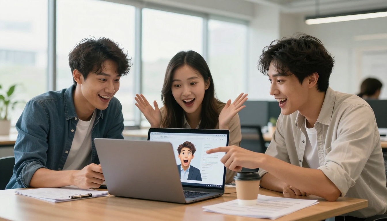 Three diverse young professionals gathered around a laptop pointing at a flipbook on screen with excited expressions