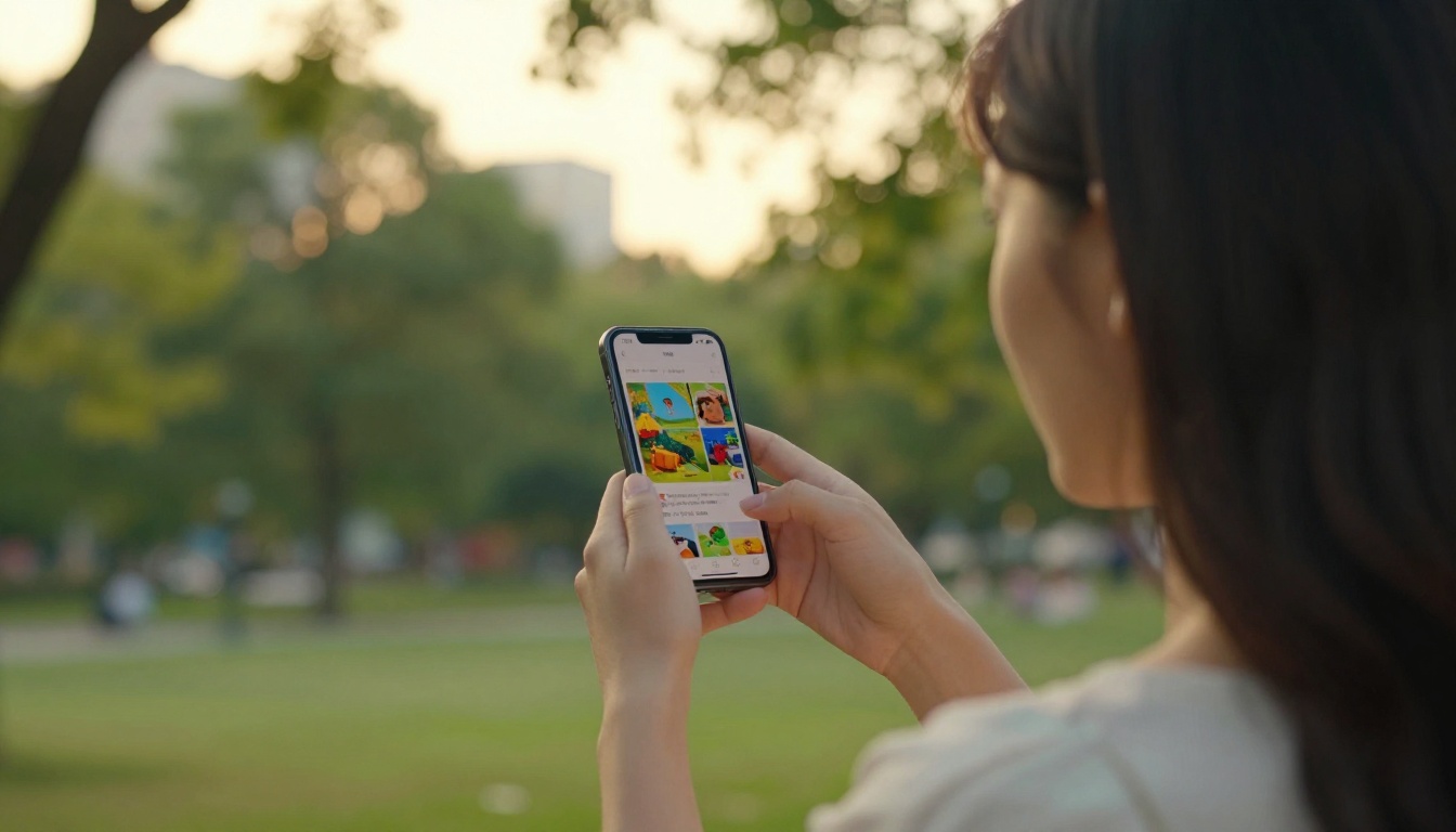 Woman in a light summer dress holding her smartphone showing a mobile flipbook in a golden afternoon park setting