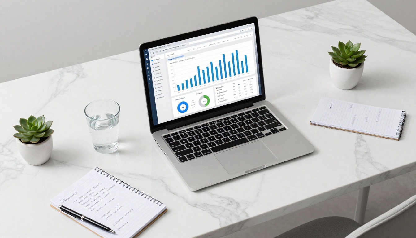 Aerial flat lay of a MacBook Pro showing a flipbook reader statistics dashboard with charts and a notepad with handwritten notes on a marble desk