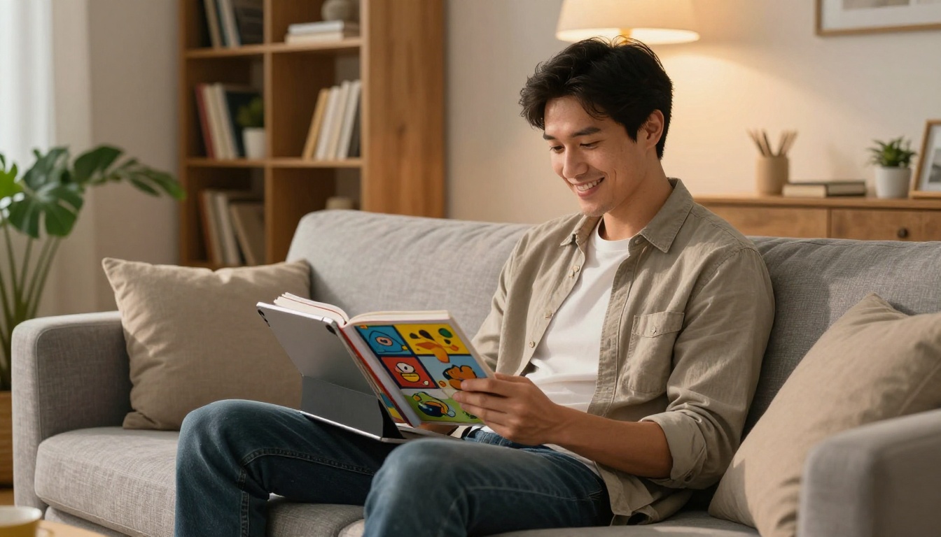 Man with short natural hair browsing a colorful flipbook on a large iPad from a comfortable modern sofa