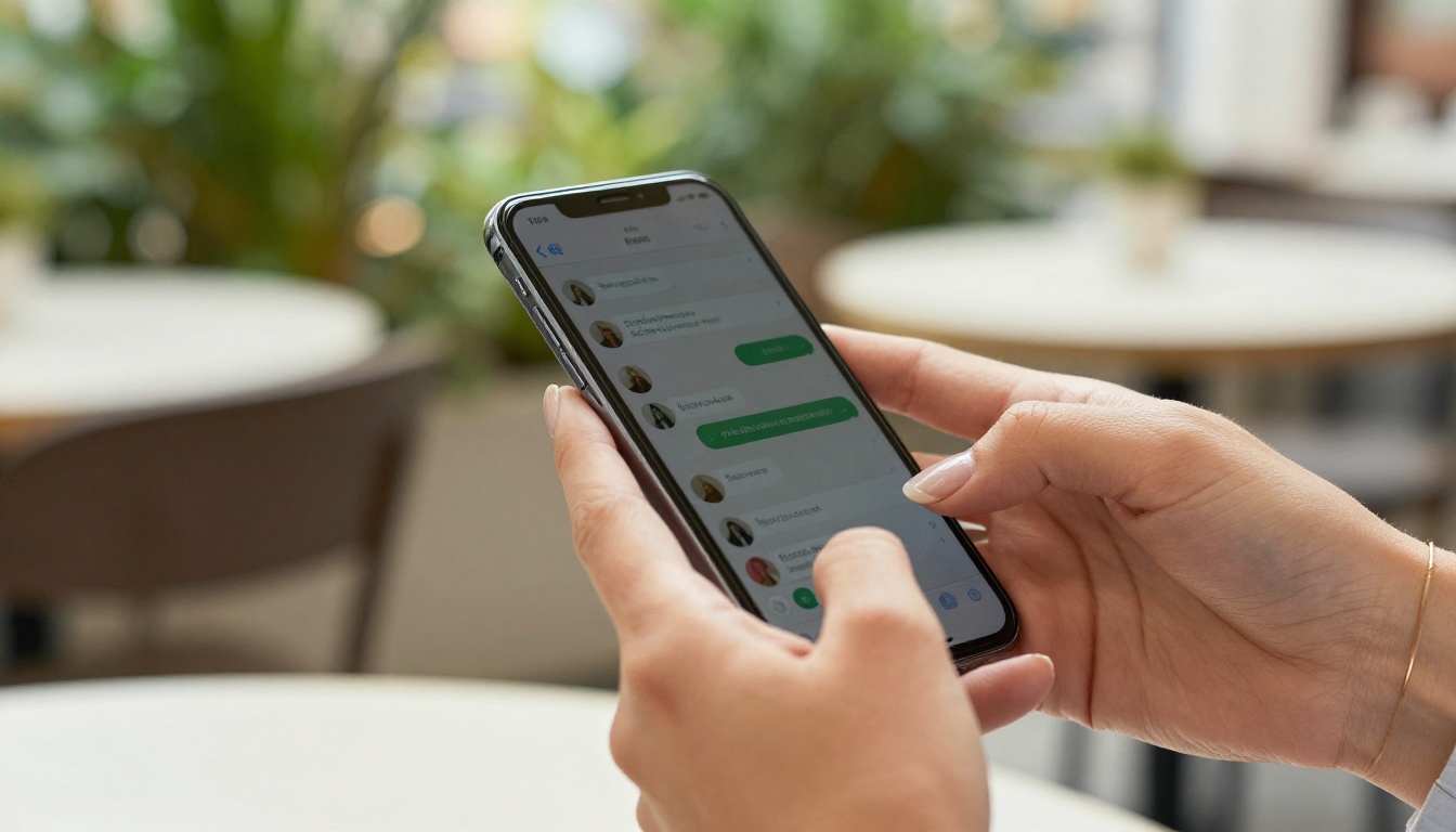 Elegant hands holding a smartphone showing a social share screen with a flipbook link ready to send, outdoor café background